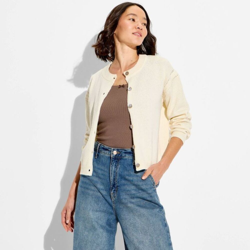 Women's Crewneck Cable Trim Cardigan - Wild Fable Off-White XS